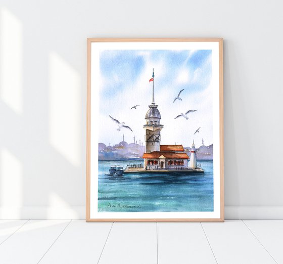 Seagulls at Bosphorus original waterolour landscape painting beach wall art sea artwork