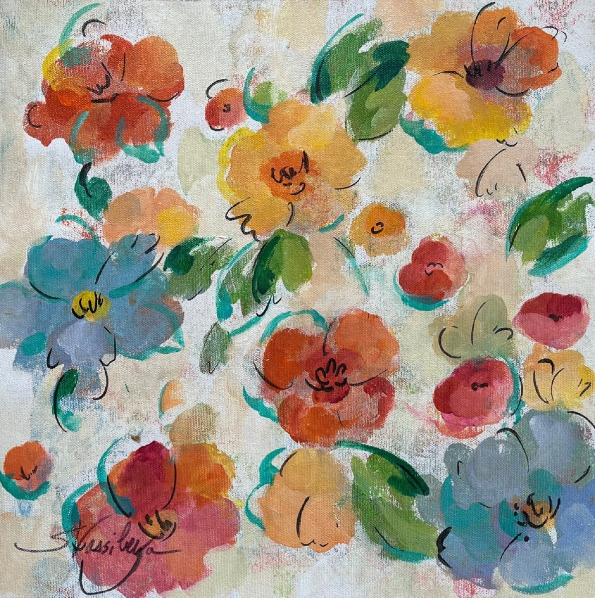 Expressive Botanical Acrylic Painting By Silvia Vassileva, 15 X 15", Joyful Flowers Trio Ii, Original Artwork