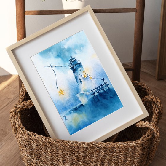 "Evening lighthouse " Original seascape watercolor painting