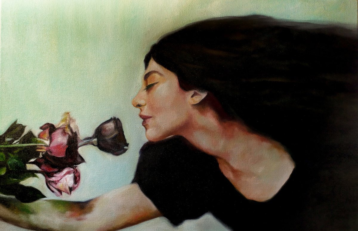 Expressive Portrait Oil Painting By Veronica Ciccarese, 24 X 16", Not Even With A Flower, Original Artwork