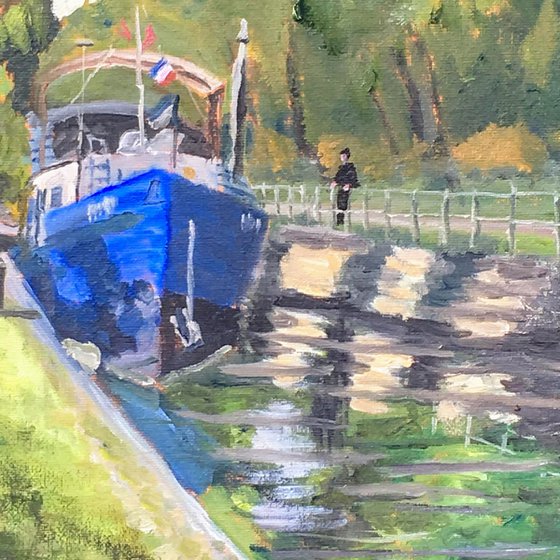 Houseboat on the Canale Centrale in Burgundy. Original oil painting