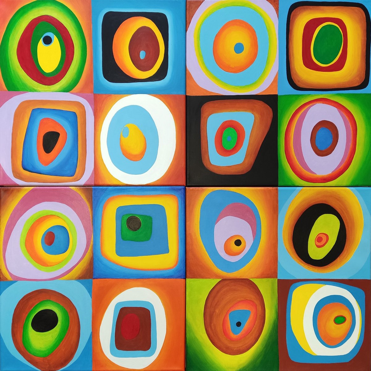Geometric Abstract Acrylic Painting By Vamosi Peter, 31 X 31", Harmony Of Colors -Quadriptych, Original Artwork