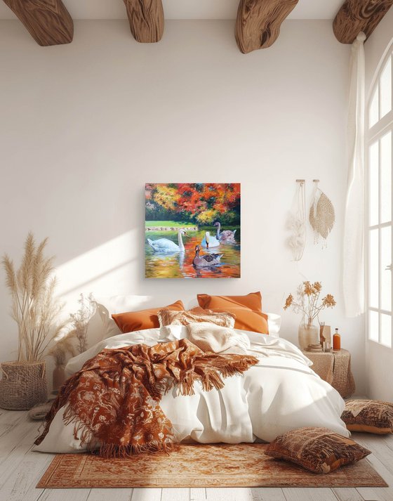 Swans in the lake acrylic painting