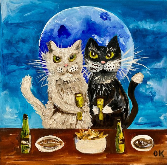 Pint of beer, fish and chips. Lucky couple, two cats friends brings positive emotions in your life.