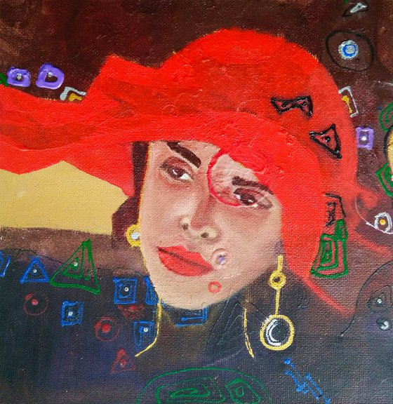 Mary, Woman Portrait Red Hat Painting Original Female Wall Art Modern Artwork