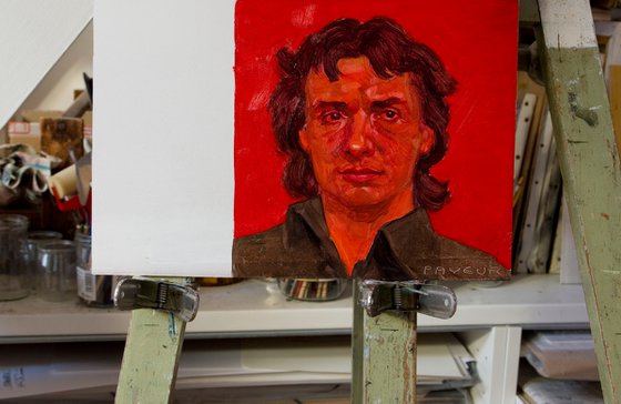 modern pop portrait in red of a french singer Michel Sardou