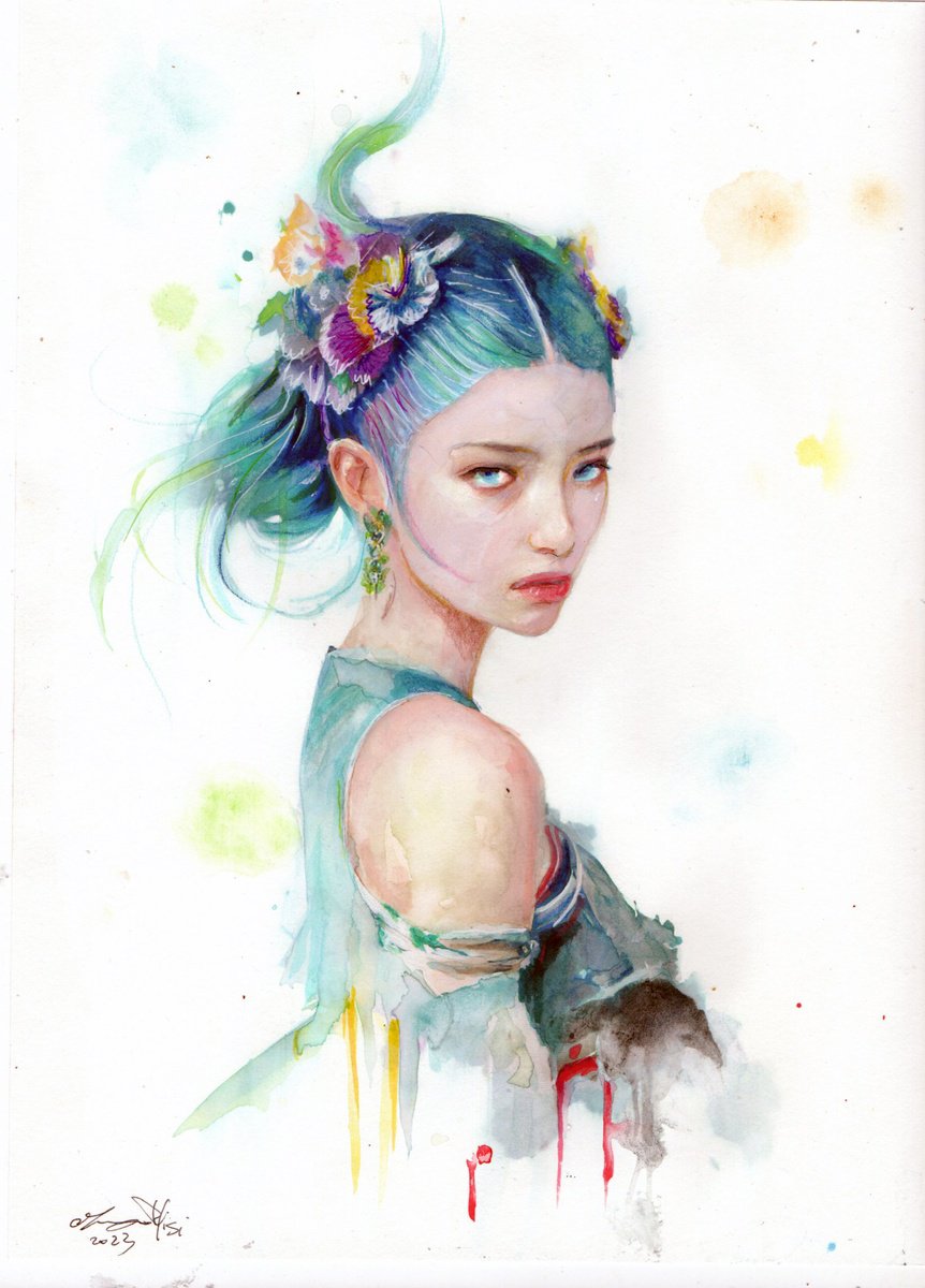 Impressionistic Portrait Ink Drawing By Maurizio Puglisi, 8 X 11", The Mermaid Enchantress, Original Artwork