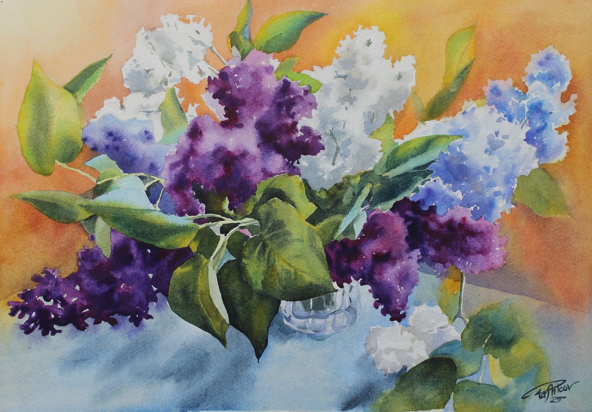 Impressionistic Botanical Watercolour By Yurii Pashkov, 21 X 15", Lilac Bouquet#5, Original Artwork