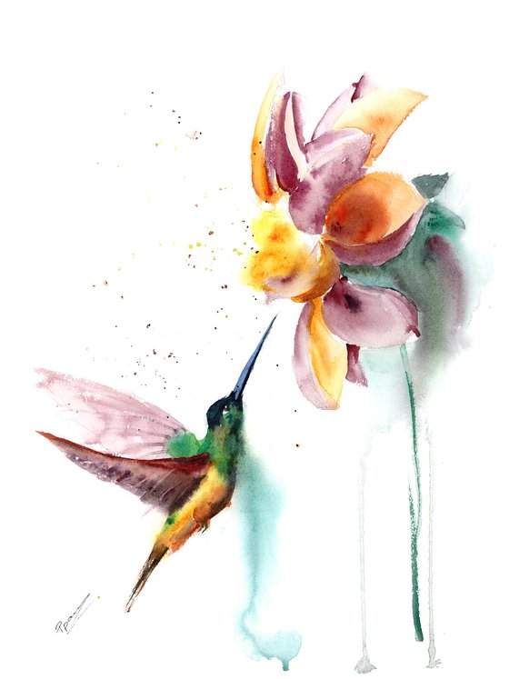 Flying Hummingbird with flower