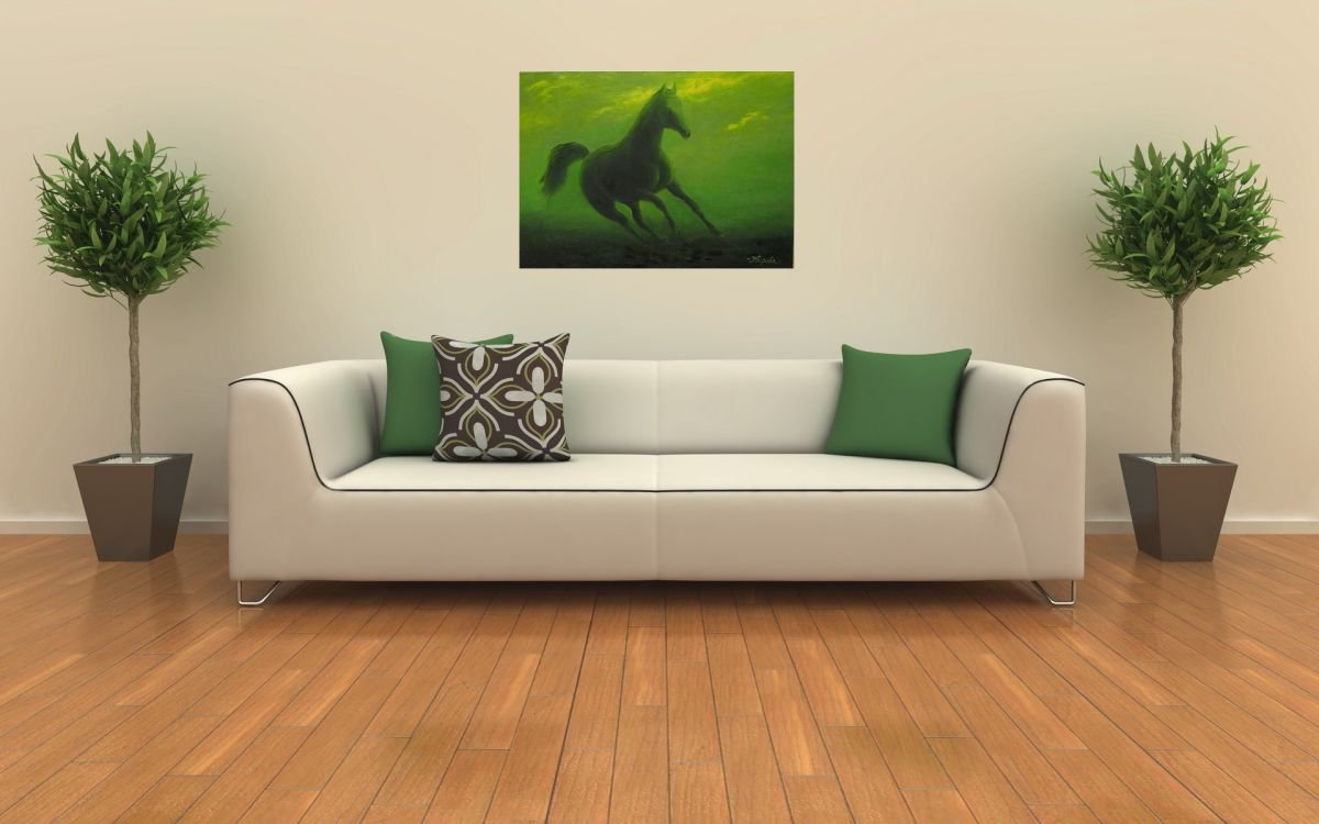 Green horse, 70x50 cm, original artwork, FREE SHIPPING by Larissa Uvarova