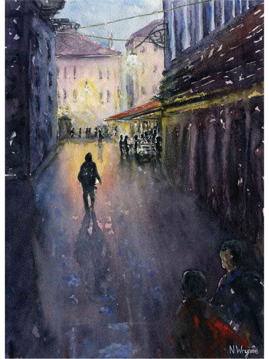 Original Watercolour Painting - AS THE NIGHT BEGINS - Night Scene Cityscape Dark silhouett... by Neil Wrynne