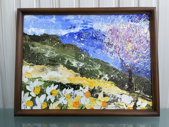Carpathians. Daffodil Valley. original oil impasto painting