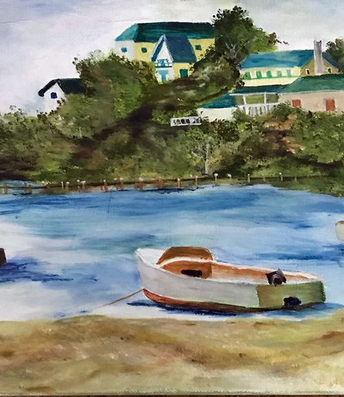 Panoramic Beach village Oil Painting Original in wrapped canvas 10x20 by Mary Gullette