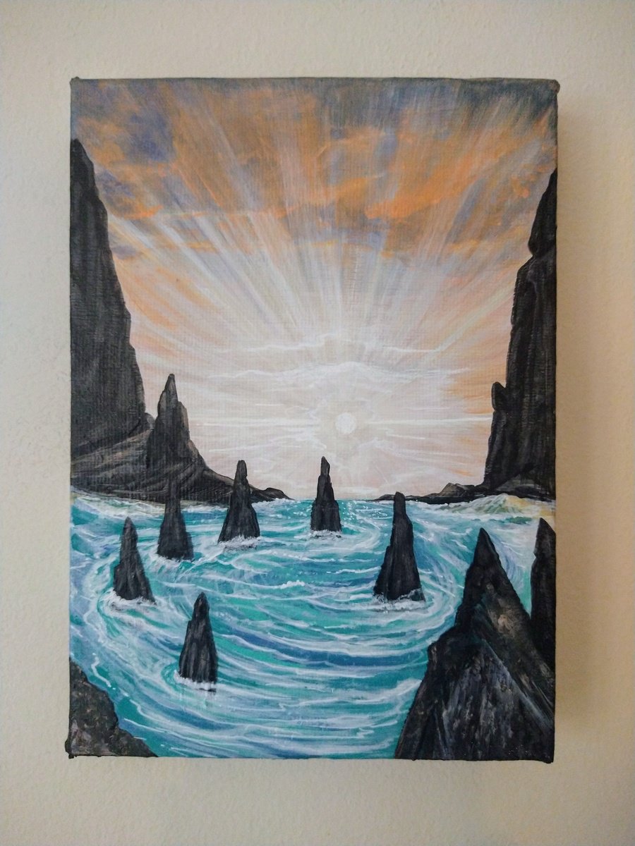 Surrealistic Landscape Acrylic Painting By Zoe Adams, 5 X 7", The Sea Guardians., Original Artwork