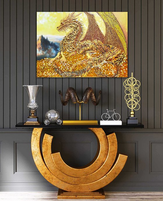 Golden dragon - original painting on canvas with crystal shimmering rhinestones and golden coins. Fantasy art.