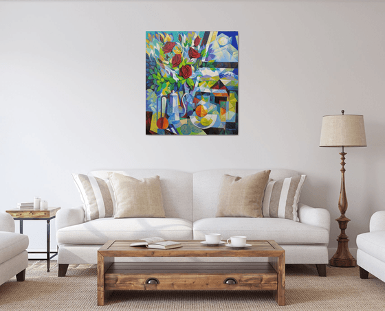 Still life with roses (80x90cm, cubism, oil painting, ready to hang)