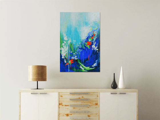 Abstract Flowers Modern Floral Landscape Painting. Blue, Red, Green, Violet, Teal, Abstract Tropical Flowers and Birds. Original Botanical Garden Painting on Canvas. Modern Impressionistic Art