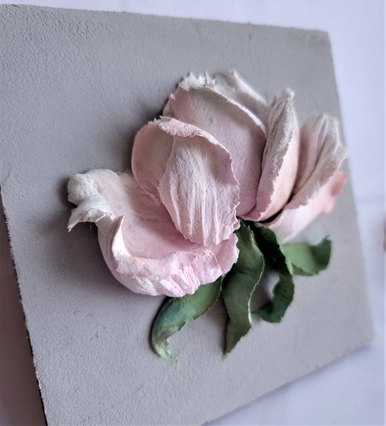 Small relief flower painting with white-pink rose on a grey backgroud. The Rose #2. 13.5x13.5x4cm