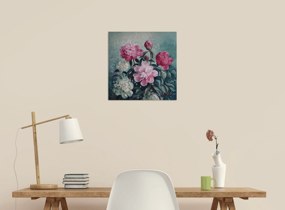 Peonies season - Floral art, Acrylic, 40x40 cm