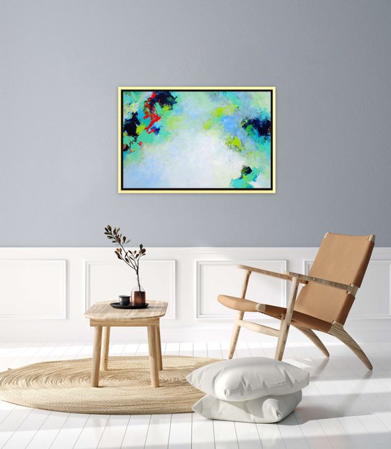 3D Abstract Painting on Canvas. Bright Colors, Blue Green White Violet Turquoise Teal, Bold Modern Art with Brush Strokes Texture