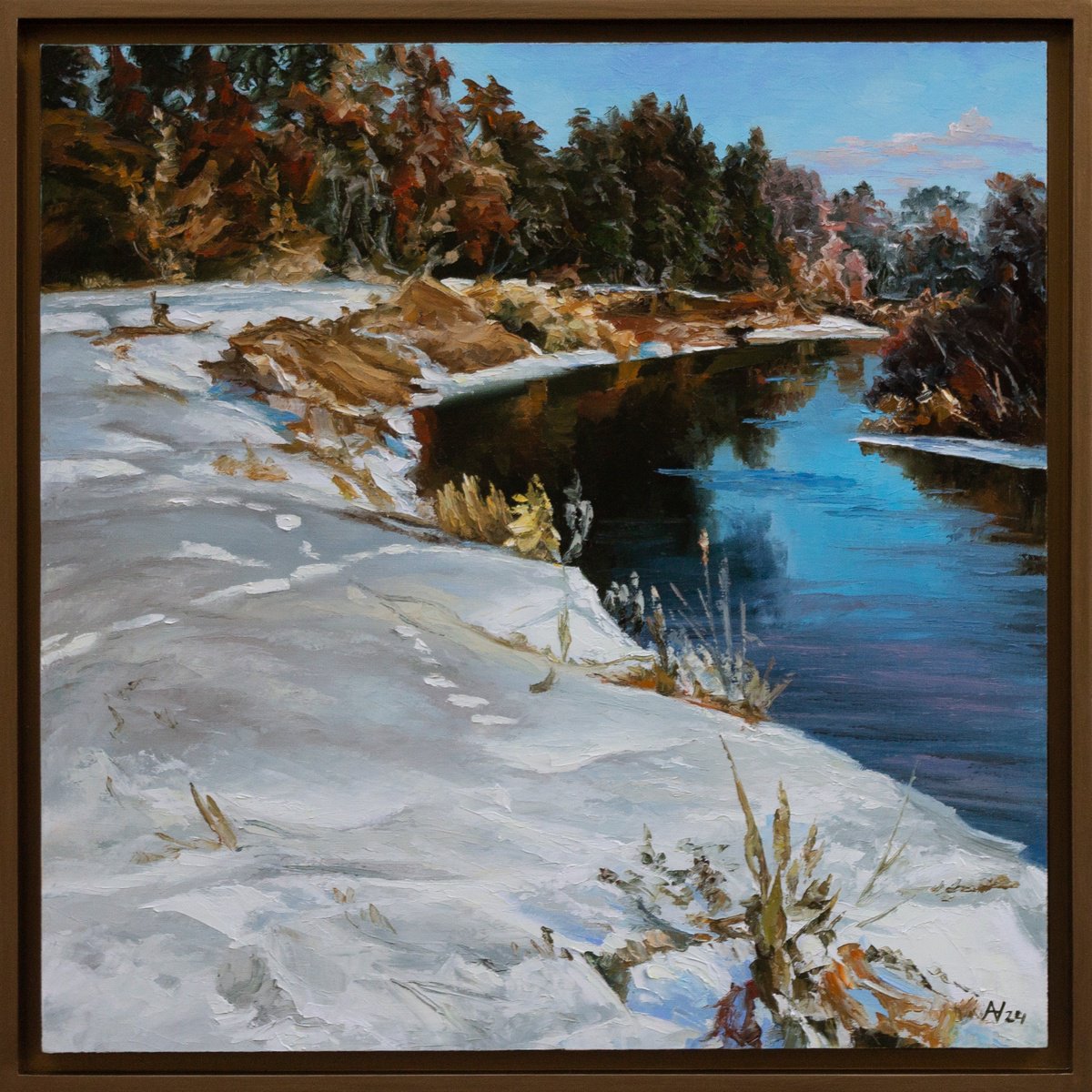 Impressionistic Landscape Oil Painting By Oleksii Vylusk, 21 X 21", Winter River, Original Artwork