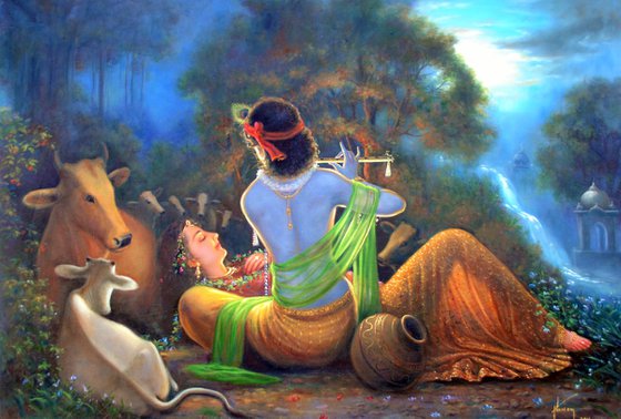Moments of Musical Love and Divine Romance - Radha Krishna | Oil Painting By Hari Om Singh