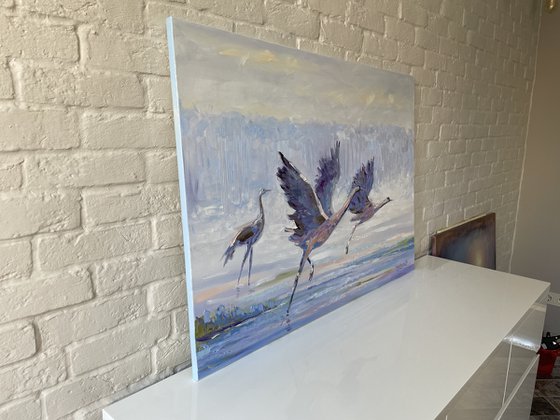 "Flight of birds". Oil painting. Birds in flight