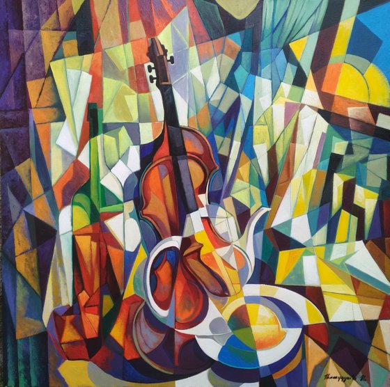 still life with violin (80x80cm, cubism, oil painting, ready to hang)