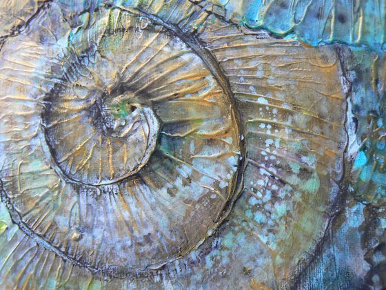 Turquoise Ammonites #2 (textured fossil artwork, ready to hang)