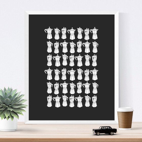 Moka Express Coffeemaker Print in White on Black 50x40cm Size - Unframed - FREE Worldwide Delivery