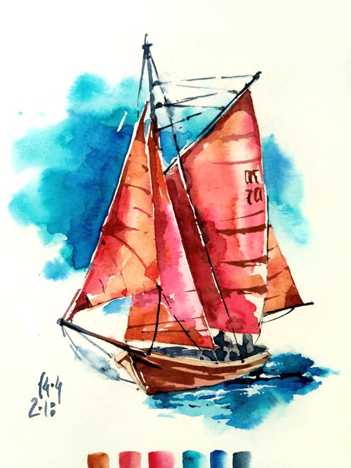 Watercolor sketch "Scarlet sails" by Ksenia Selianko
