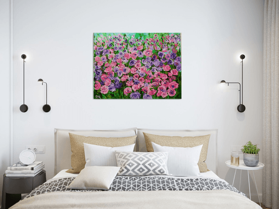 FIELD OF Happyness PURPLE PINK WHITE  ROSES  palette knife modern decor MEADOW OF FlOWERS, LANDSCAPE,  office home decor gift