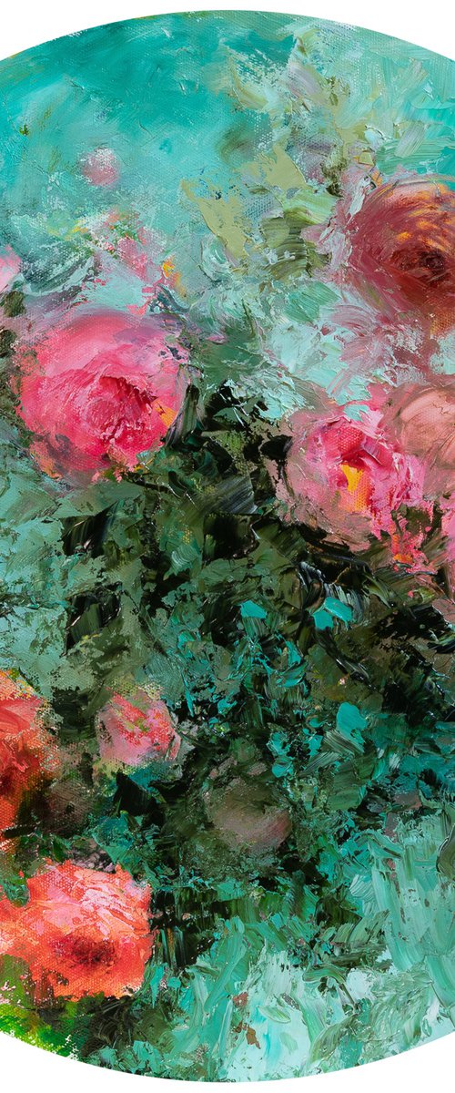 "Pompadour tondo with roses " - floral impasto oil painting by Fabienne Monestier