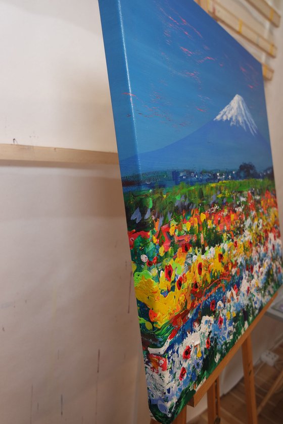 Fuji Mountain in Japan Acrylic Painting on Canvas, Spring Blossom Landscape Painting, Japanese Scenery, Flowers and Floral Painting, Japan Landscape