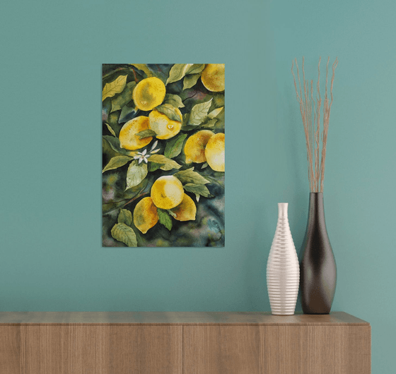 LEMON TREE - original watercolor painting - sunny yellow and green color - Valentine day gifts - Gifts for him - Gift for her