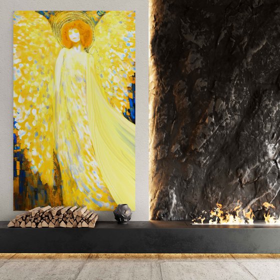 Sunny Angel. Huge 200 x 120 cm artwork. Magical radiance of the soul. Bright futuristic fantasy fabulous esoteric surreal mystery harmonious golden yellow art. Meditation relaxation pray aura grace Large format wall art on canvas