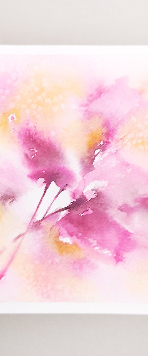 Small floral card, watercolor loose flowers, pink floral miniature painting by Olga Grigo