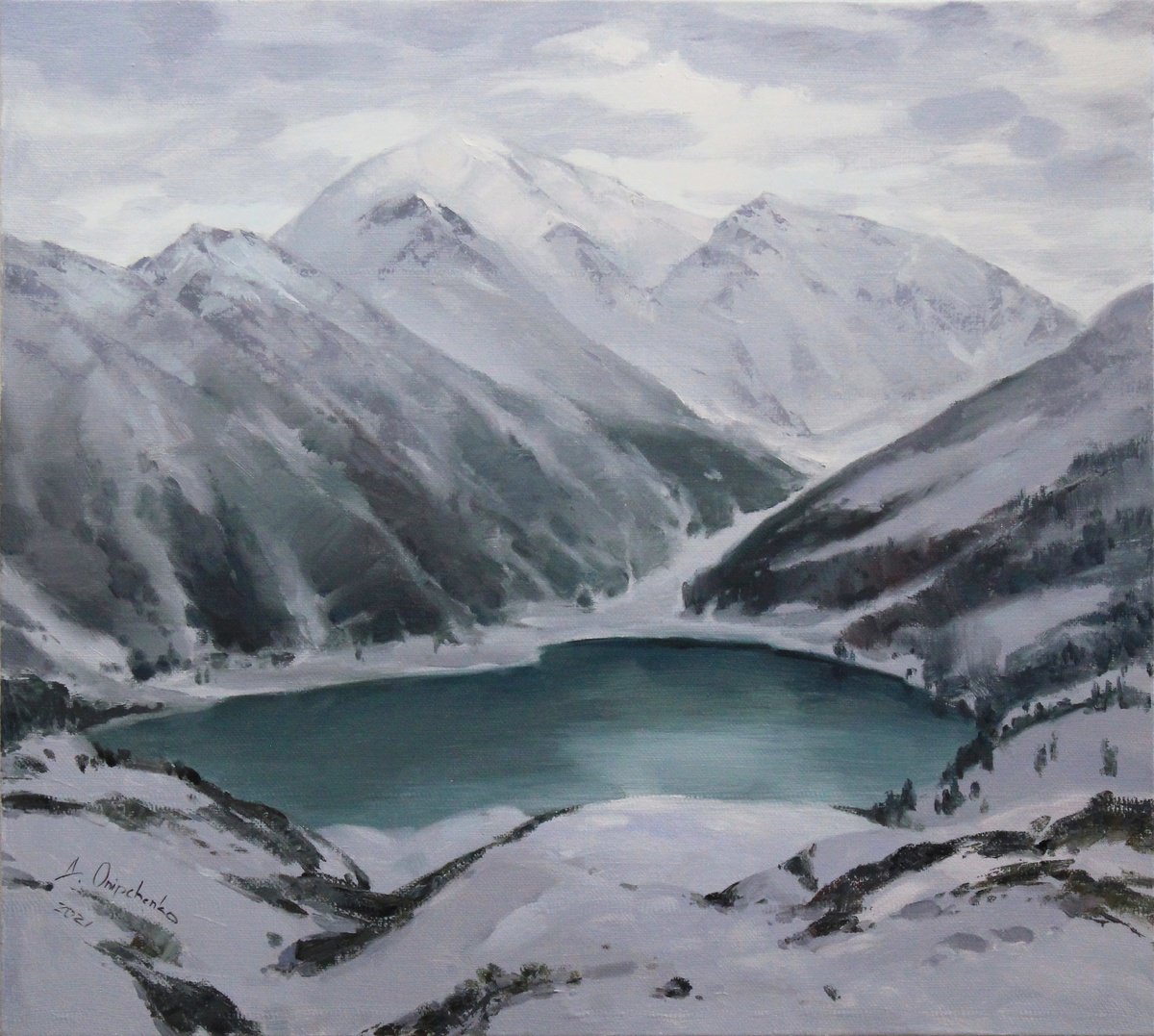 Impressionistic Landscape Oil Painting By Alisa Onipchenko-Cherniakovska, 39 X 35, Mountains In Silver, Original Artwork
