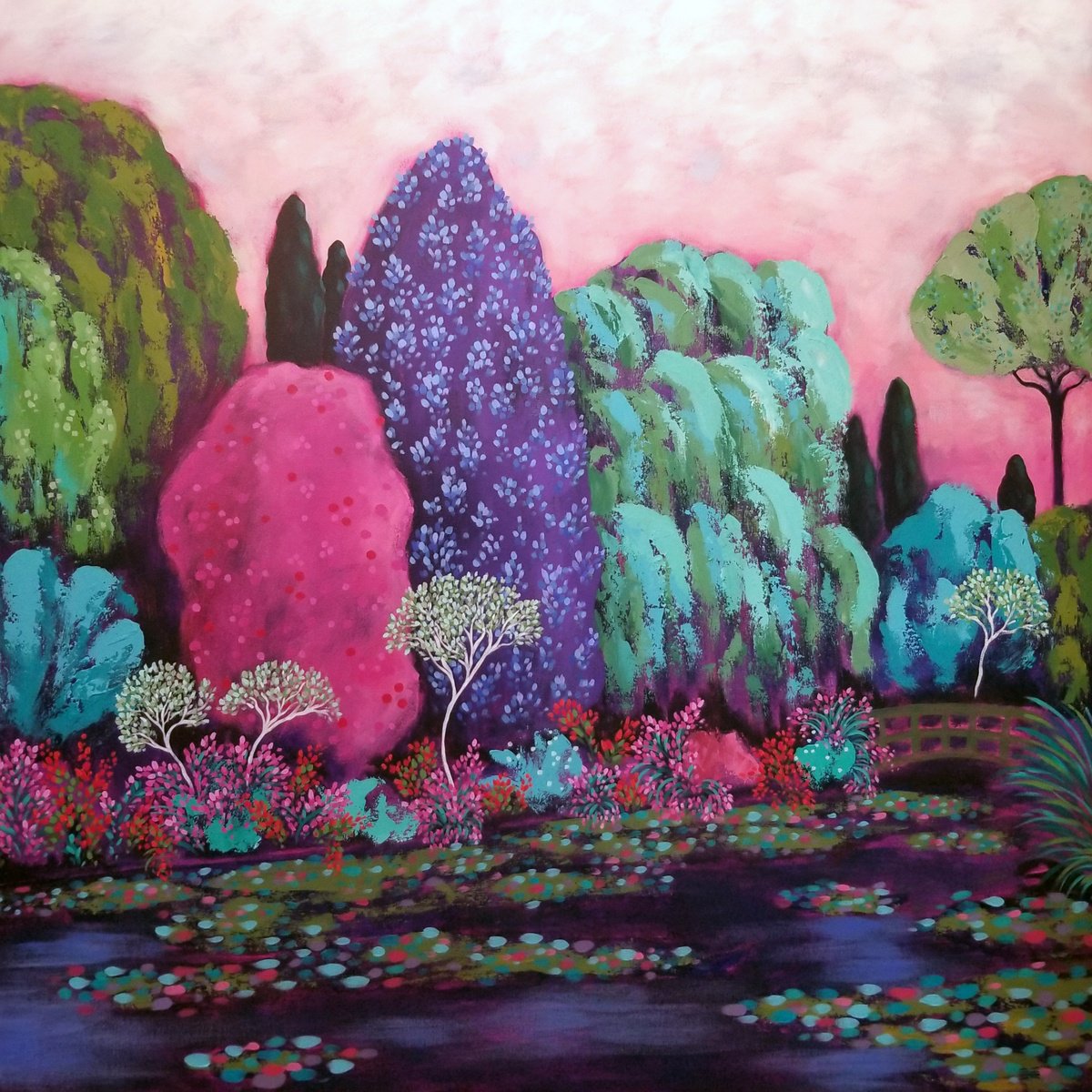 Impressionistic Landscape Acrylic Painting By Karen Rieger, 48 X 48", Glimmering Summer Evening, Original Artwork
