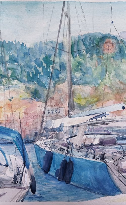 Watercolor boats painting by Jelena Milojevic