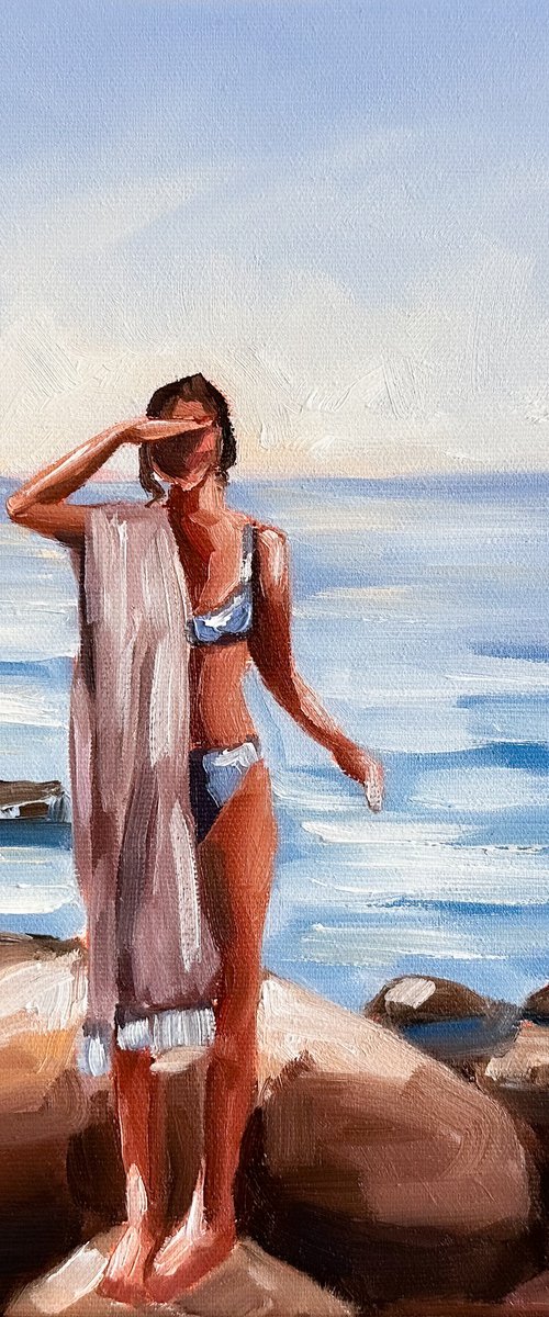 On the Rocky Beach - Woman on Coast Seaside Painting by Daria Gerasimova
