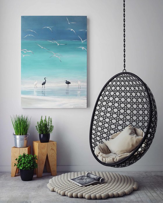 "Cattle Egret" Turquoise seascape oil art
