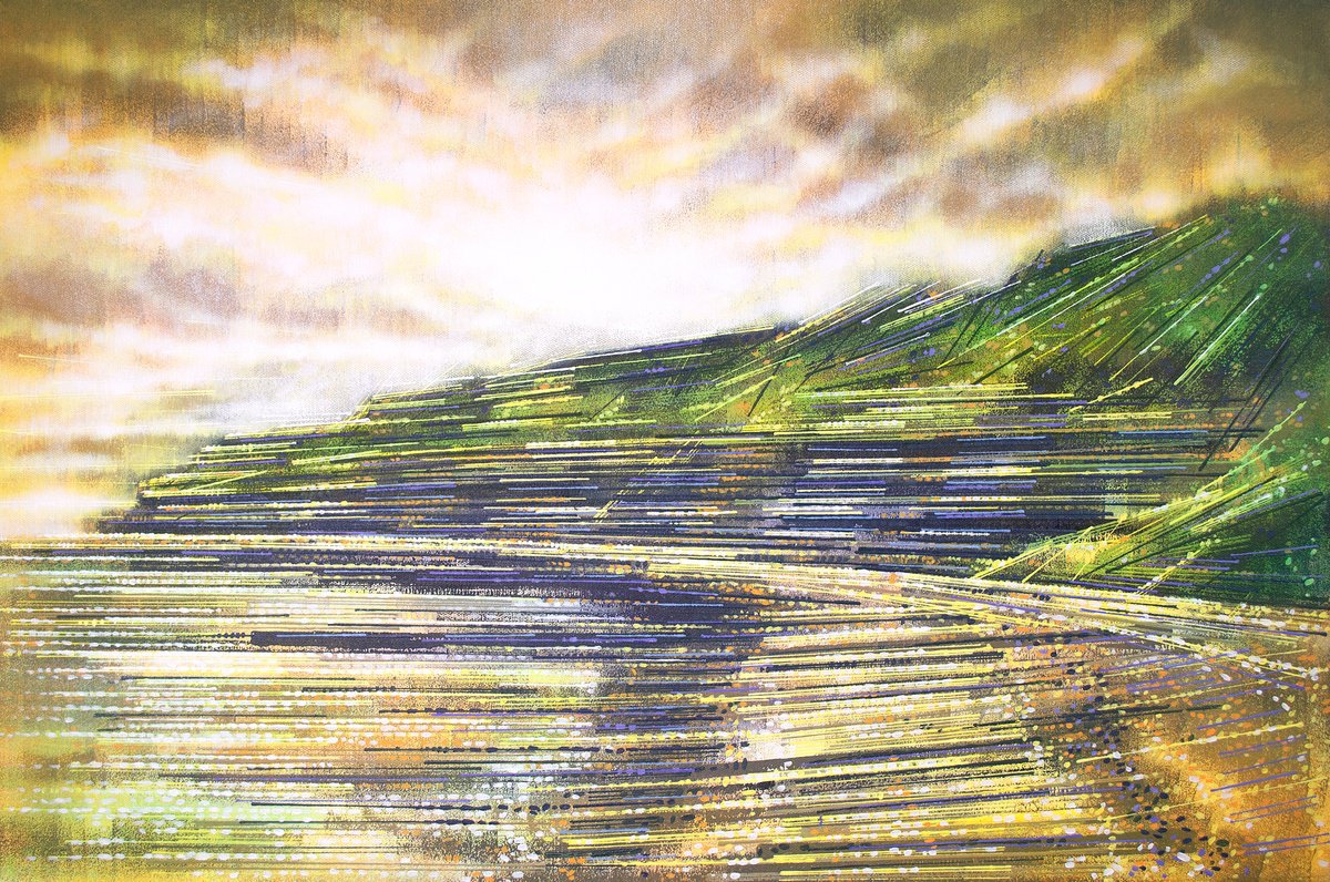 Impressionistic Landscape Acrylic Painting By Marc Todd, 30 X 20", Lyme Regis Beach At Dusk, Original Artwork