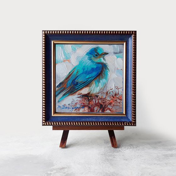 Bluebird painting original framed 4x4, Bluebird art oil illustration small artwork framed, Bird lovers gift