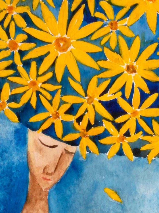 "Daisy" original watercolor painting woman and yellow flowers daisy classic blue dress