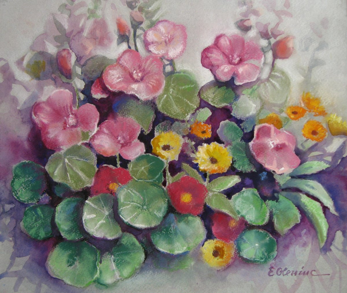 Impressionistic Botanical Painting By Elena Oleniuc, 13 X 11, Flower Garden, Original Artwork