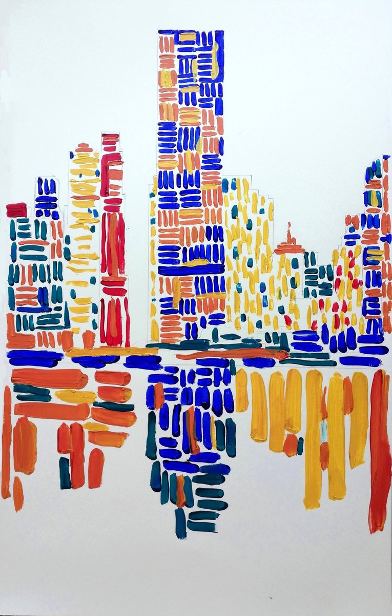 Abstract Cityscapes Acrylic Painting By Jelena Djokic, 15 X 24, New York Reflections, Original Artwork