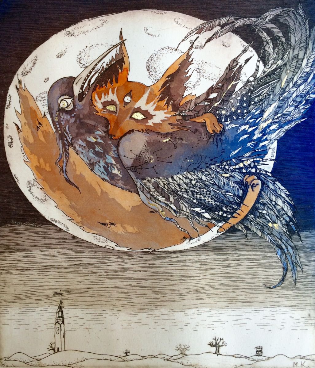 Surrealistic Animal Etchings & Engravings By Marina Korenfeld, 10 X 12", Kitsune And The Bbh, Original Artwork