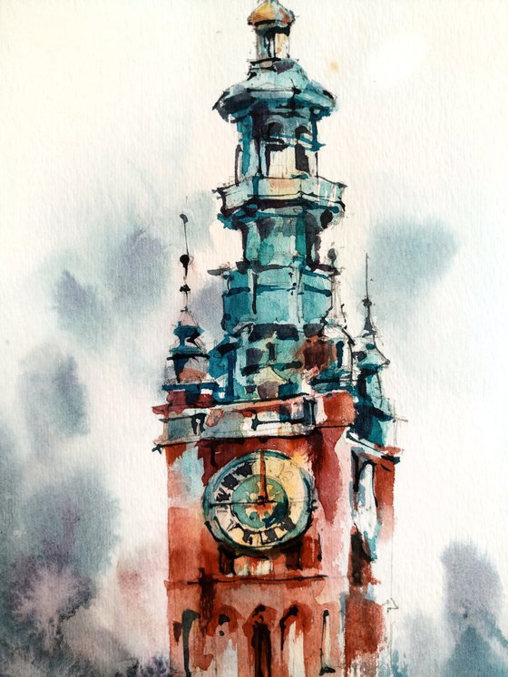 "Town Hall in Gdansk. Poland" architectural landscape - Original watercolor painting
