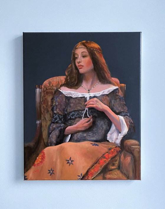 Pre-Raphaelite style original oil painting 16x20 inches linen canvas classic portrait.